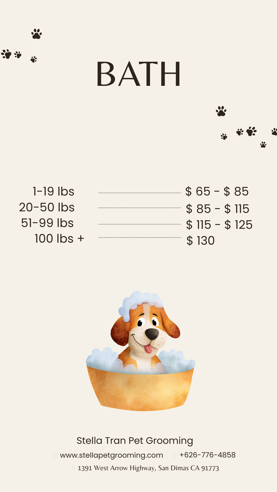 Bath pricing by weight: 1-19 lbs $65-$85, 20-50 lbs $85-$115, 51-99 lbs $115-$125, 100+ lbs $130