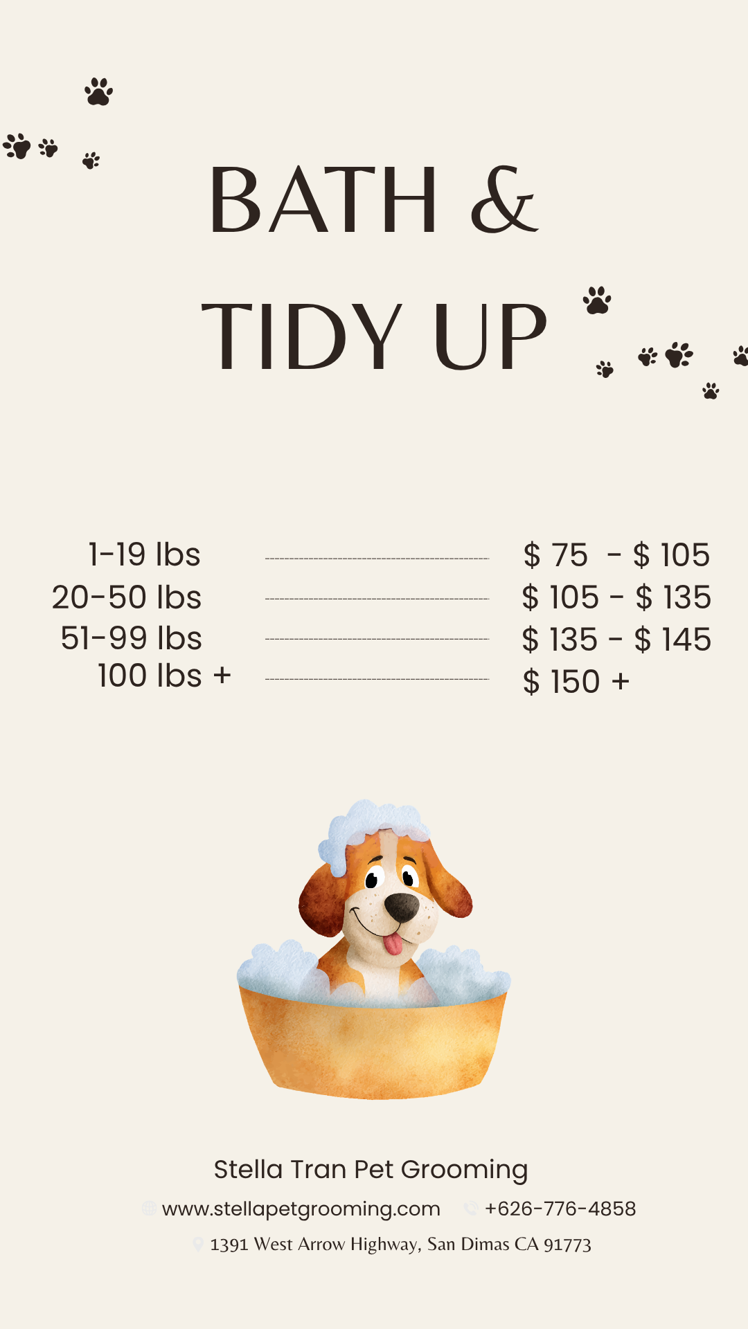 Bath and Tidy Up pricing by weight: 1-19 lbs $75-$105, 20-50 lbs $105-$135, 51-99 lbs $135-$145, 100+ lbs $150+