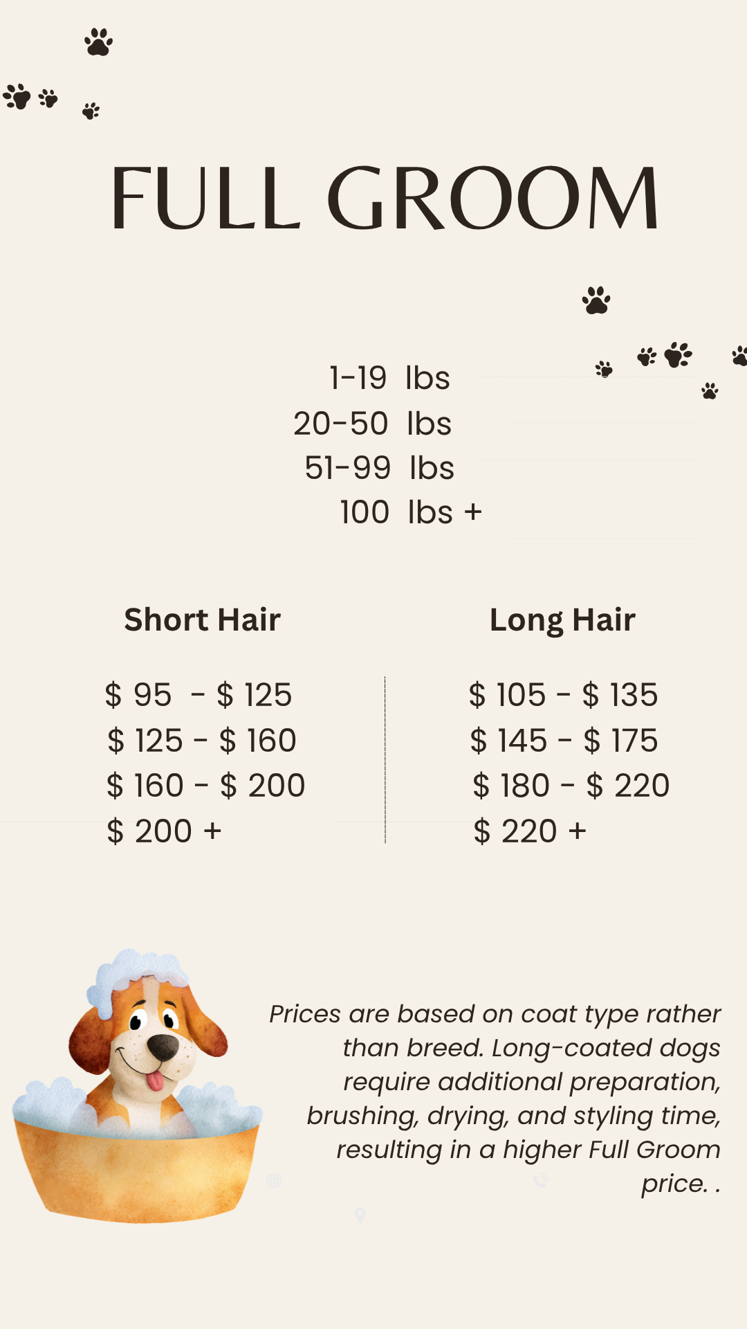Full Groom pricing for short and long hair by weight